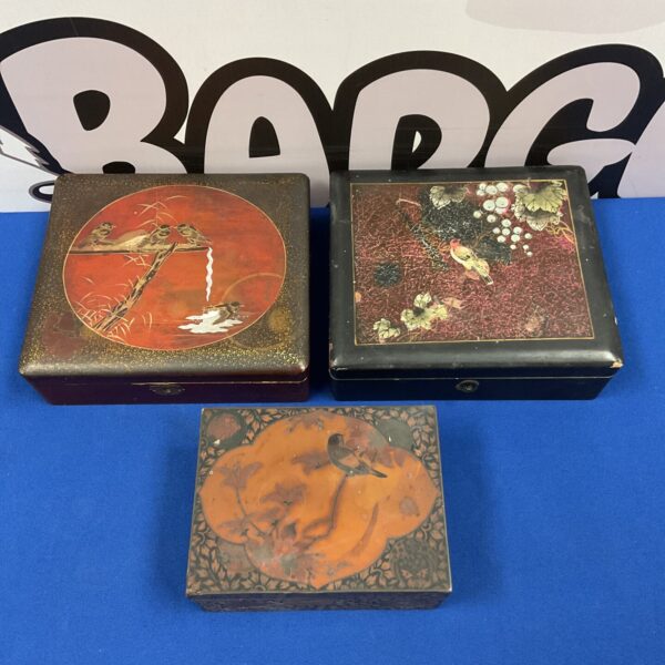 Three antique lacquered chinese bird pattern boxes