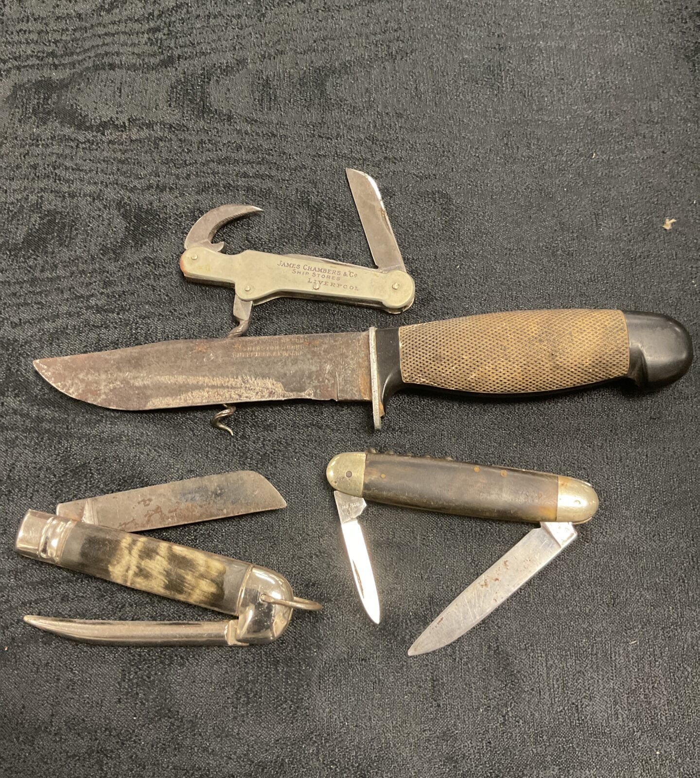 Vintage Sheffield Knife and three pocket knives