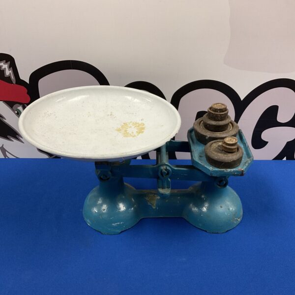 Vintage set of cast iron scales with enamel pan and weights