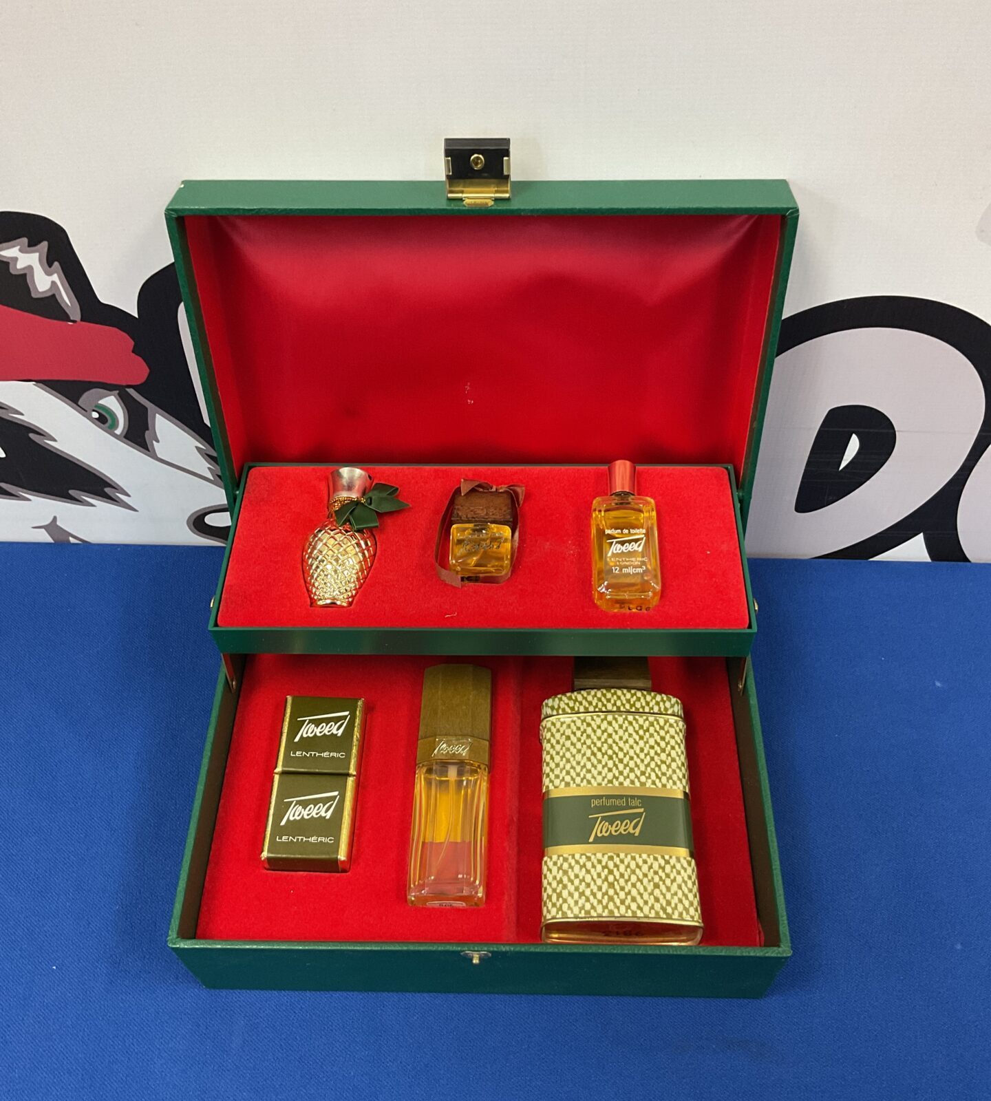 Vintage tweed perfume & talc box set