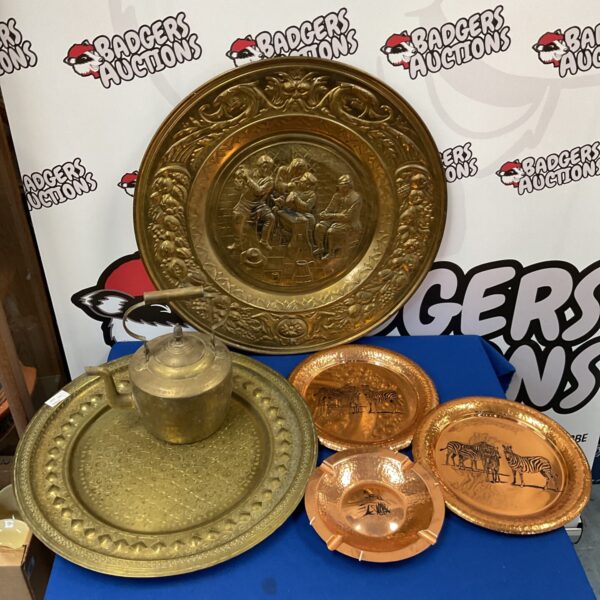 Vintage brass chargers with kettles & copper zebra plates & ashtray