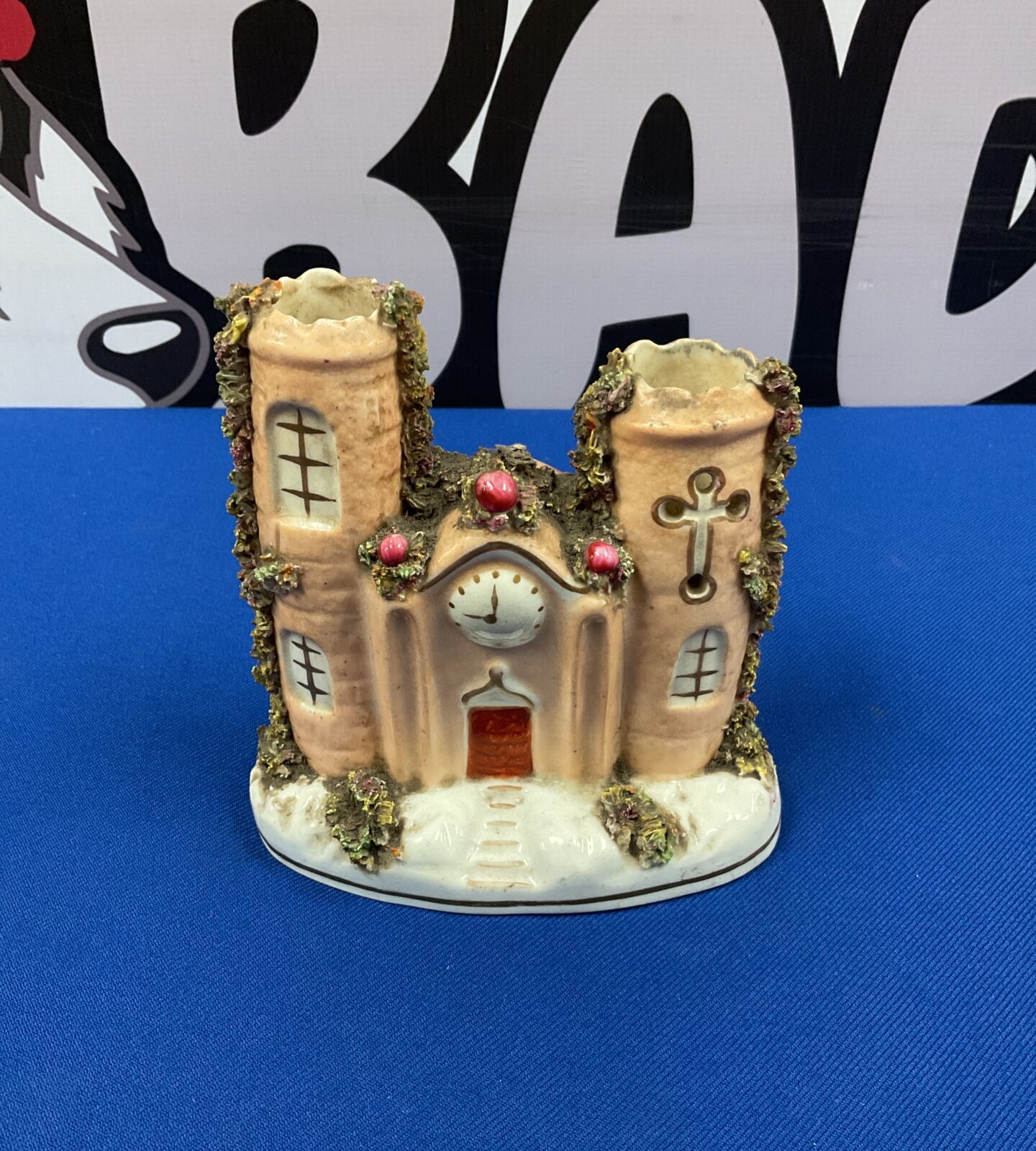Victorian Staffordshire pottery spill vase church