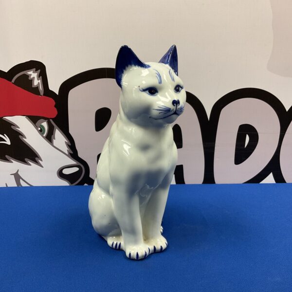 Blue and white porcelain sitting cat 10” tall