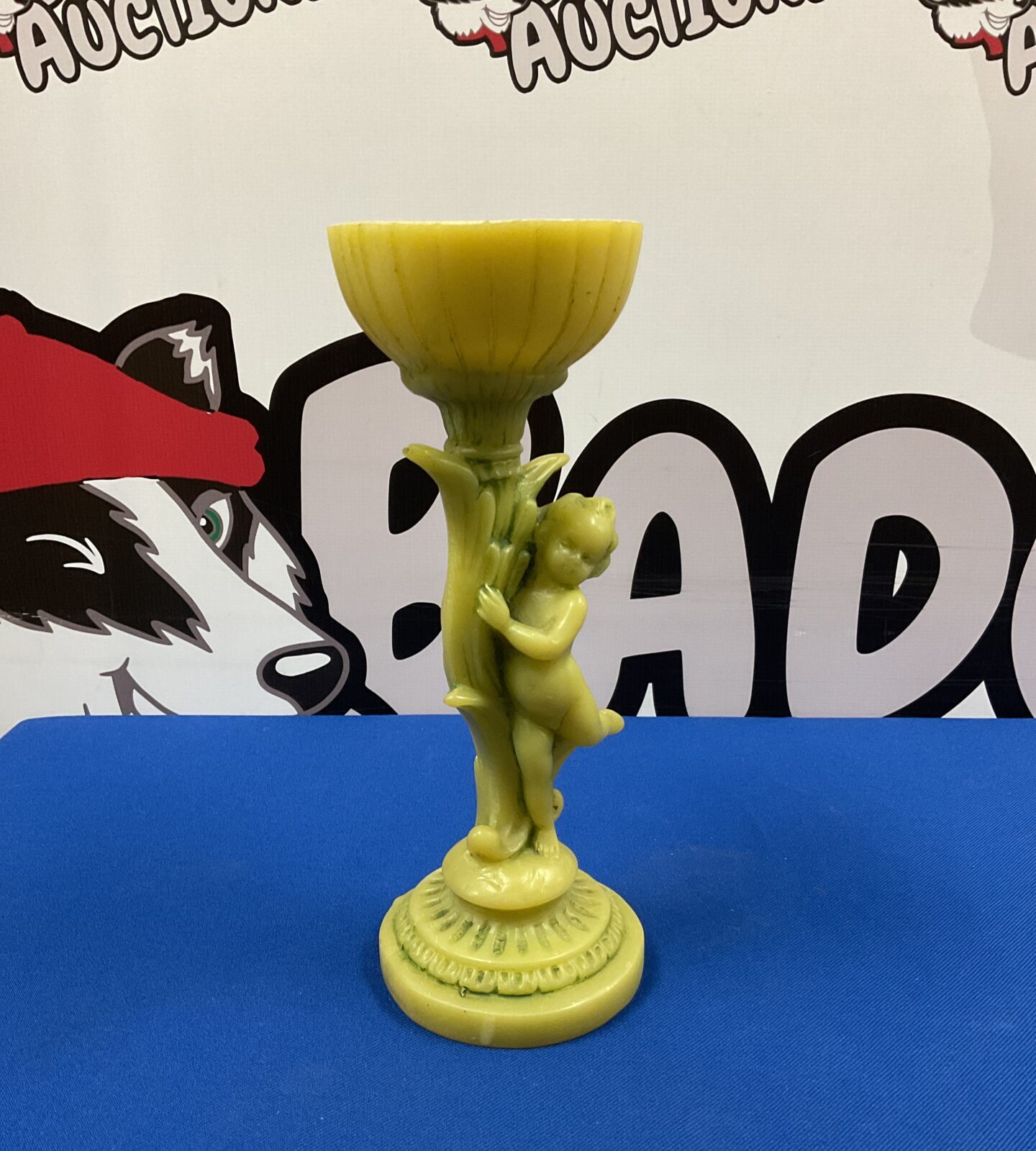 Vintage green cherub pedestal dish 10” tall