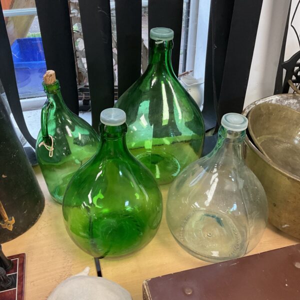 Three green & clear glass gourd bottles & flagon