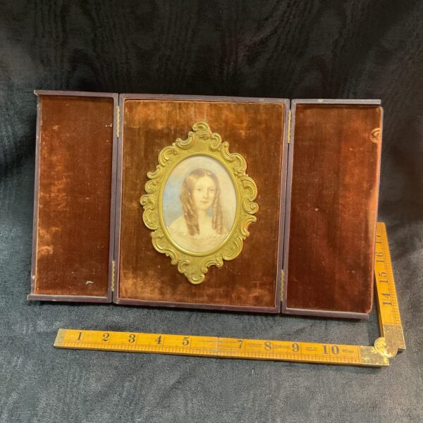 Antique Victorian miniature portrait case with watercolour portrait.