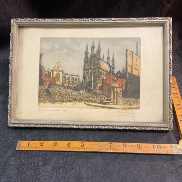 1914 woodblock print of Ruines de Louvain by August Marcel