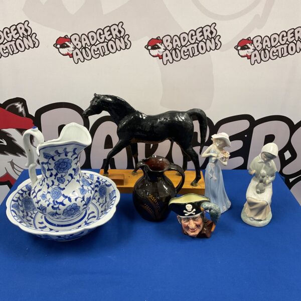 Blue & white wash bowl & jug, with black horse sculpture, nao figurines & royal doulton long john silver pirate character jug