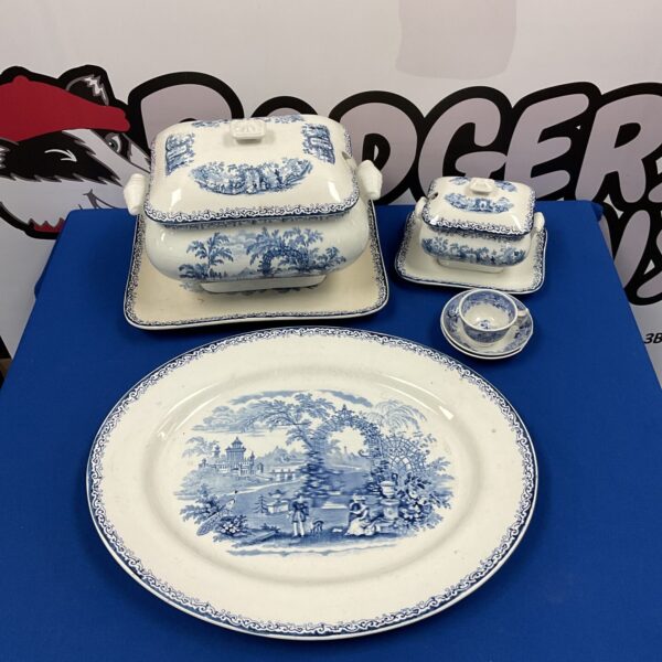 Victorian blue and white tureen set with pastoral scenes.