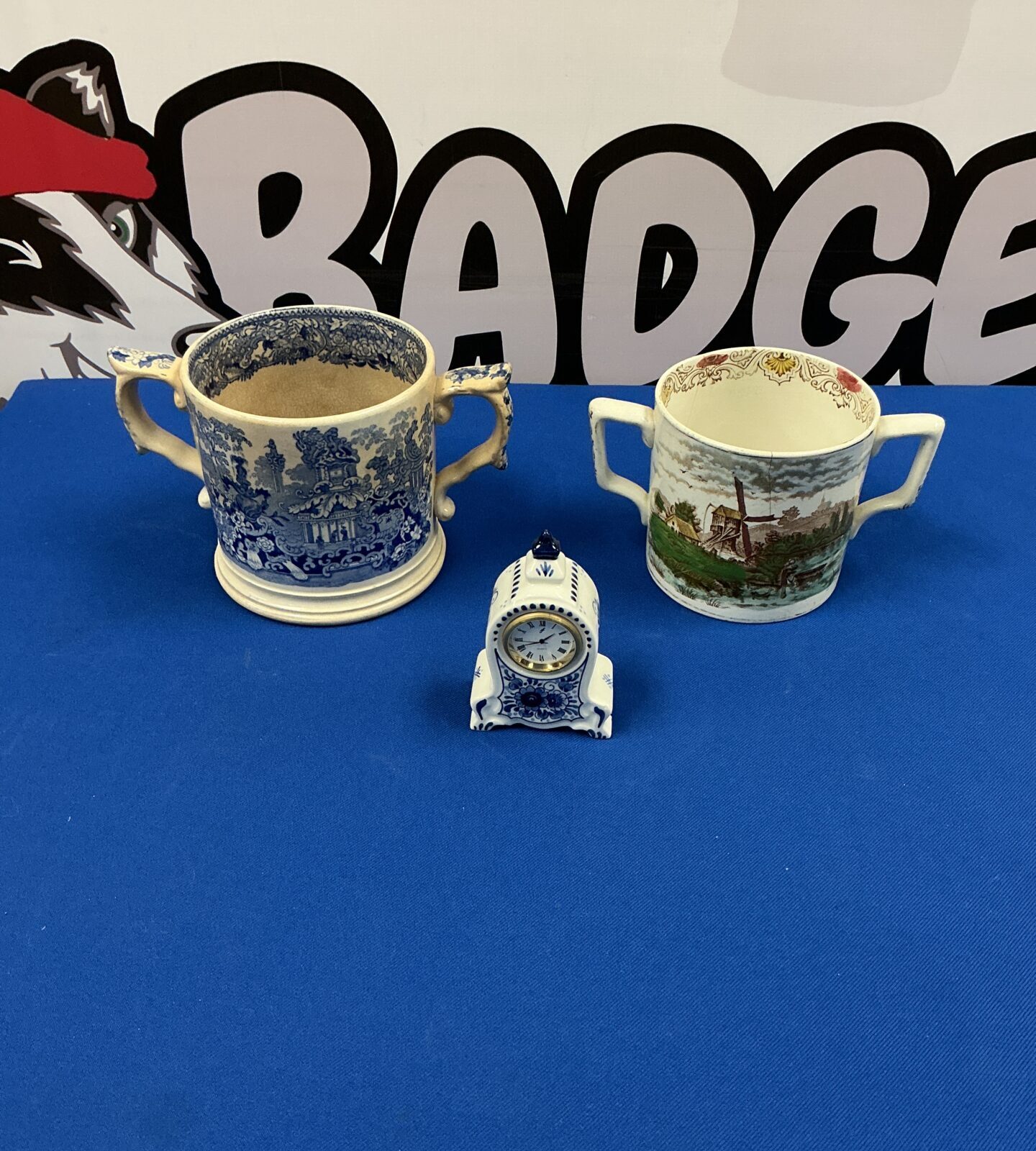 Two Vases and a clock inc Staffordshire Blue