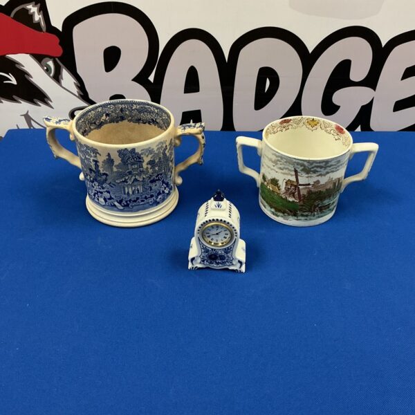 Two Vases and a clock inc Staffordshire Blue