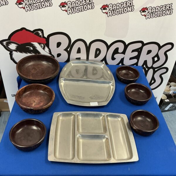 Selection of tableware inc stainless steel serving trays