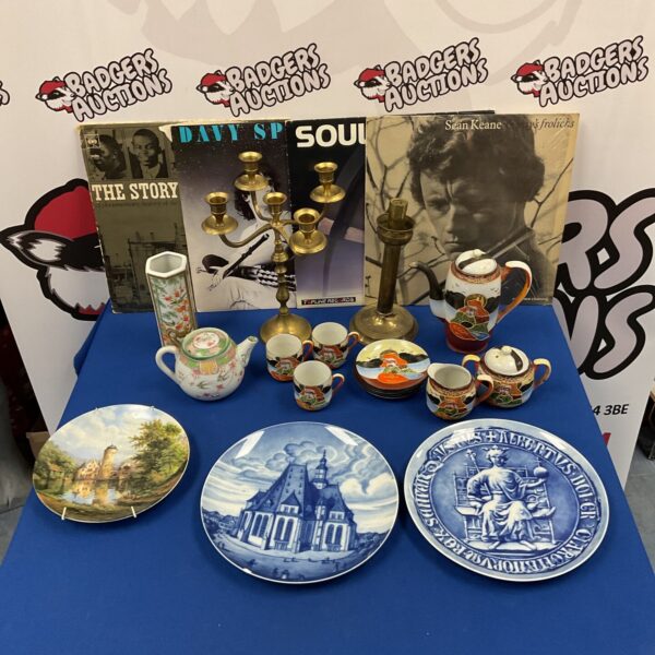 Tray of mixed including brass candlesticks, Japanese coffee set & selection of vinyl records