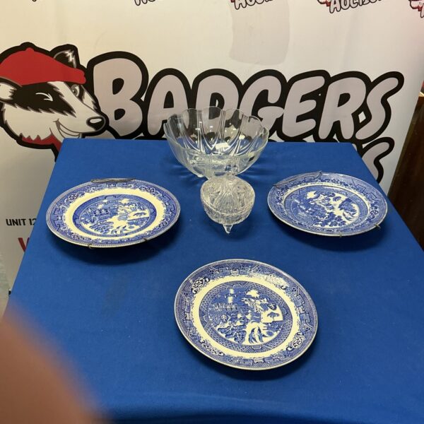 Three Blue and white wall hanging plates with crystal bowl