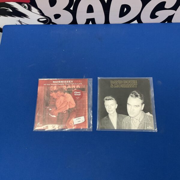 Vintage David Bowie and Morrissey 7” vinyl records for collectors.