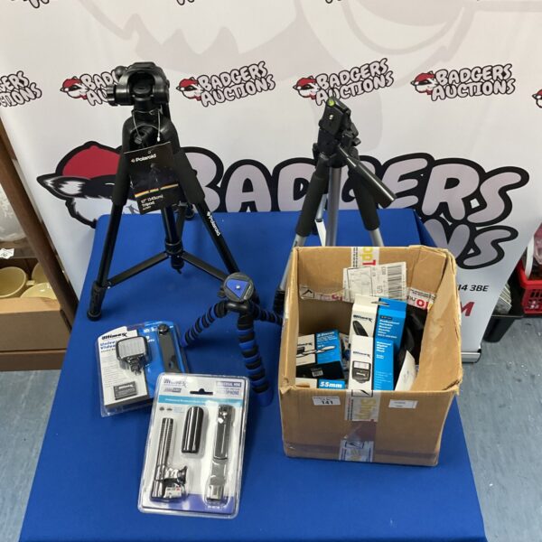 Polaroid 57” tripod, Ultimax tripod, and variety of Ultimax camera equipment