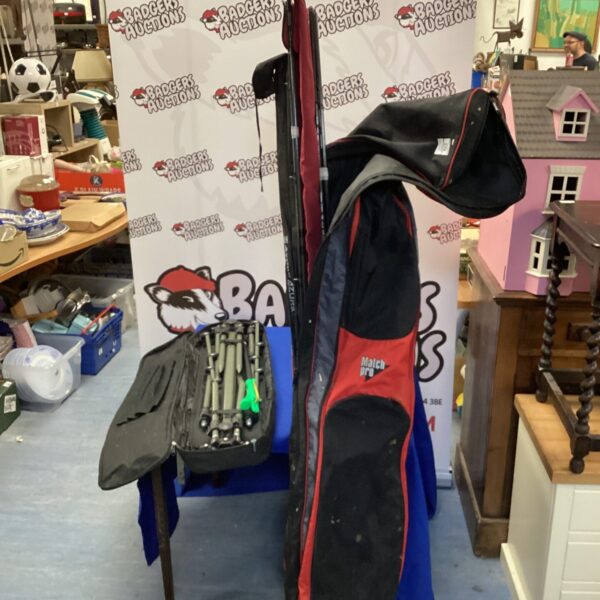 Bundle of fishing rods inc match pro rod bag  & oakwood rod rest with bag
