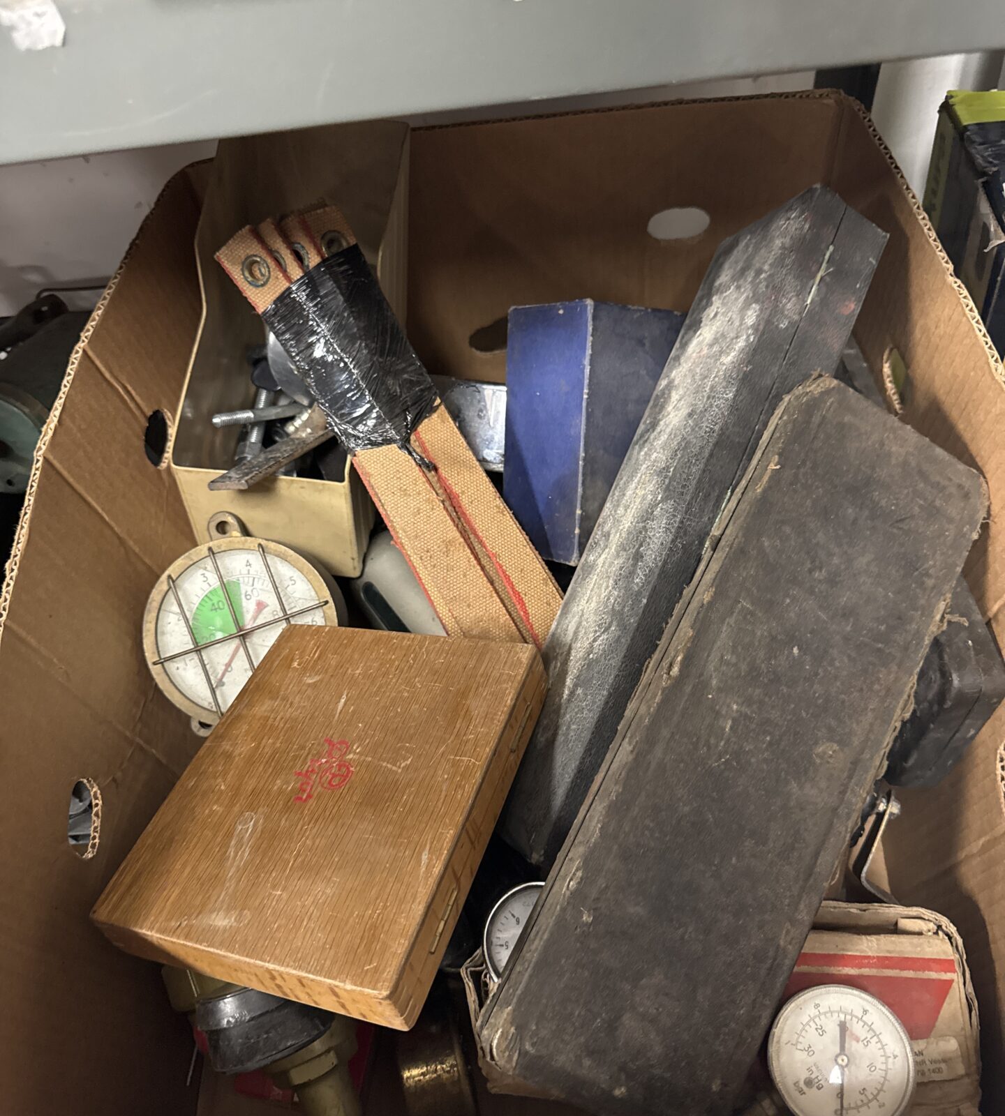 Large box of garage clearance items inc large gauges, tools & others