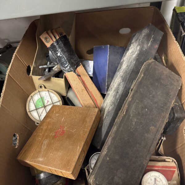 Large box of garage clearance items inc large gauges, tools & others