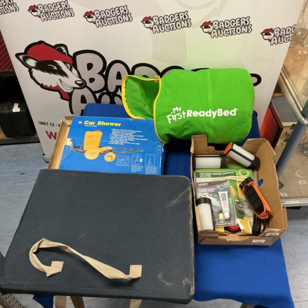 Selection of camping items inc folding table and car shower