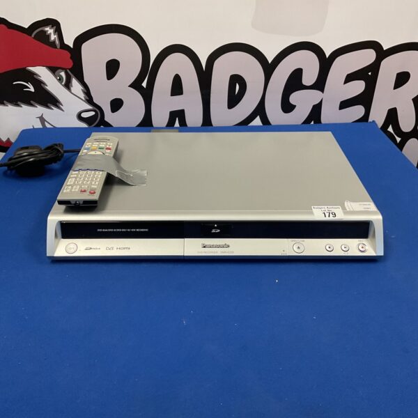 Silver Panasonic DMR-EZ25 DVD recorder with remote control.