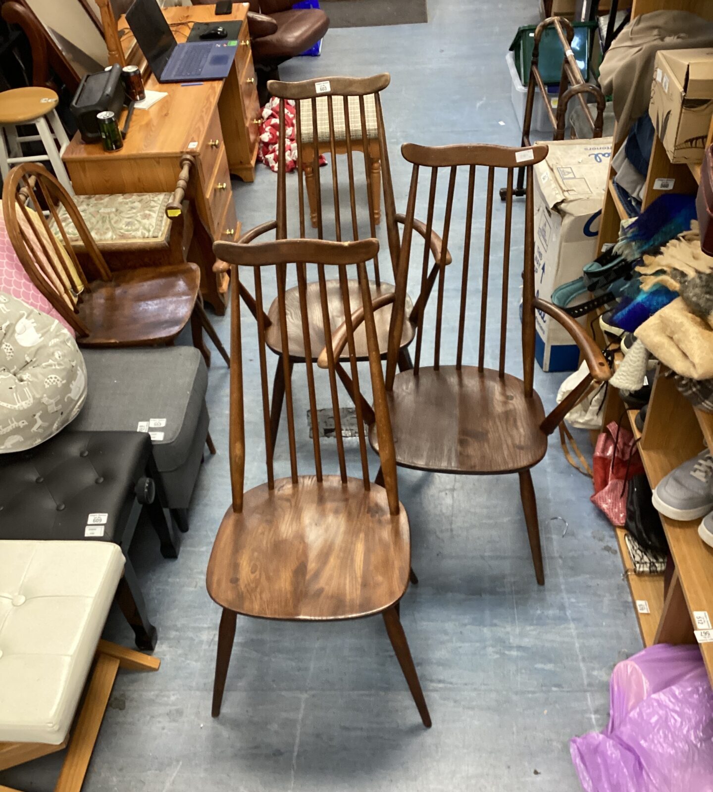 Two Ercol stick back carver chairs & one Ercol stick back dining chair