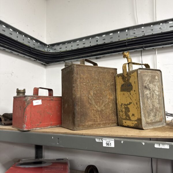 Lot of three vintage fuel cans, including Shellmex and Esso brands.