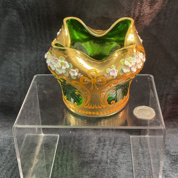 bohemian art nouveau green glass crimped rim bowl