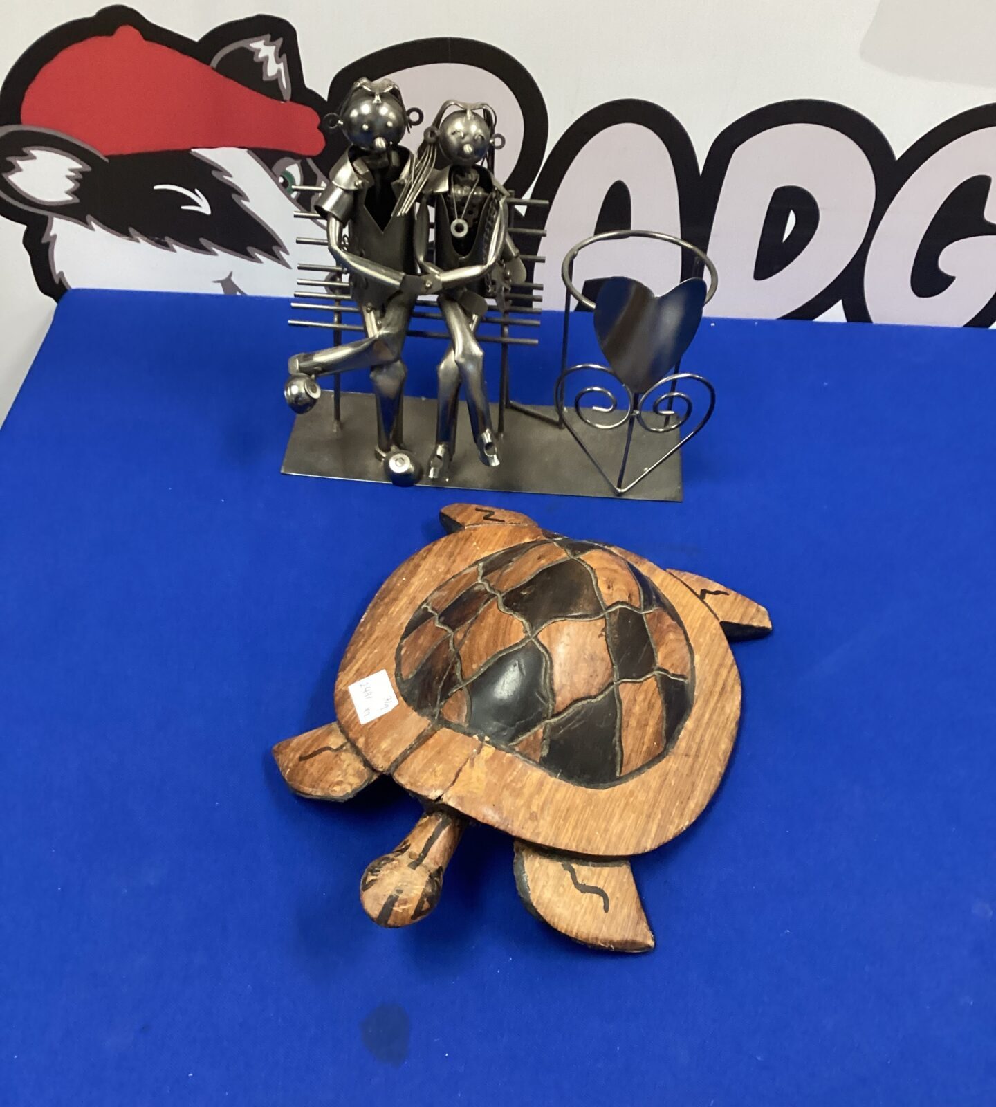 Metalwork Table art Bottle holder and wooden Turtle