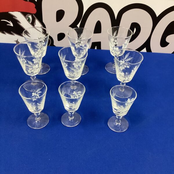 Six etched glass Wine and Three Port Glasses