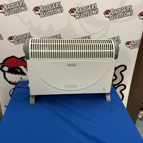 Front view of a vintage DeLonghi electric heater.