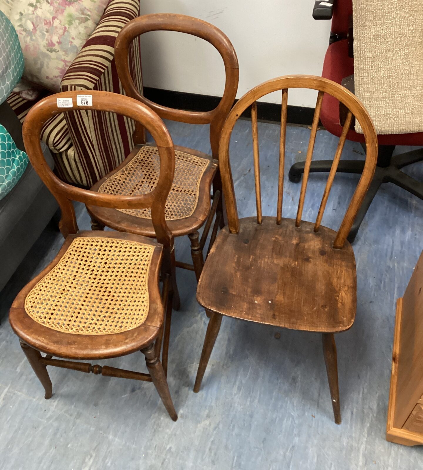 Vintage Ercol stick back chair with two balloon back woven seated chairs