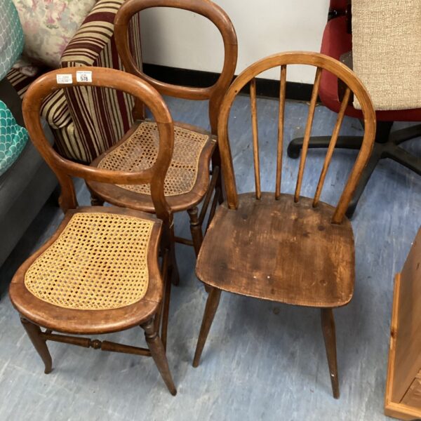 Vintage Ercol stick back chair with two balloon back woven seated chairs