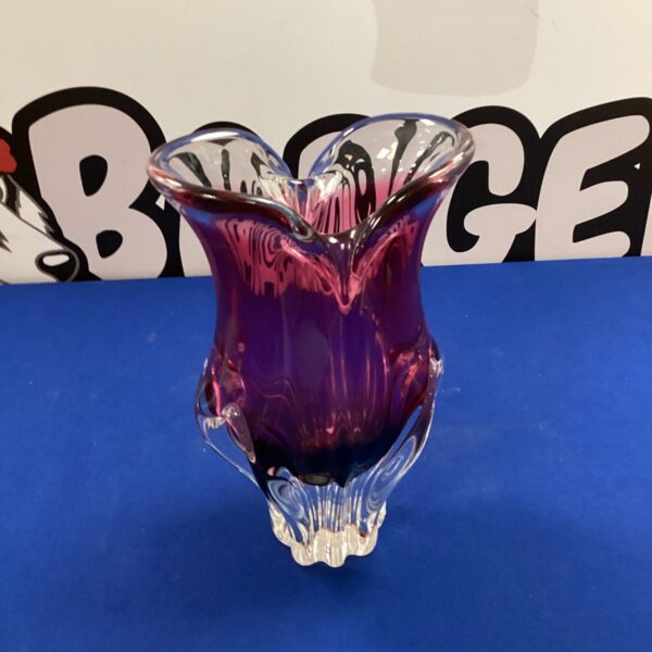 Vibrant purple Murano style glass vase with flared opening.