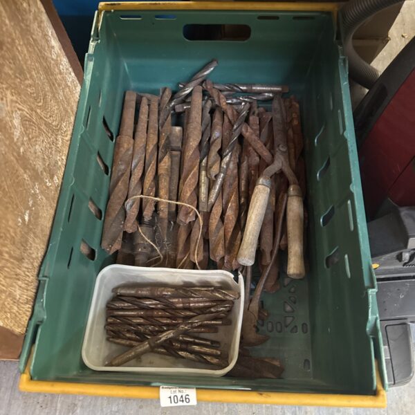 Vintage lot of large drill bits and garden shears for sale.