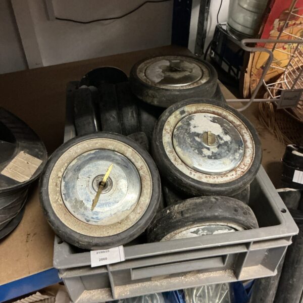 Lot of used trolley wheels for industrial or restoration projects.