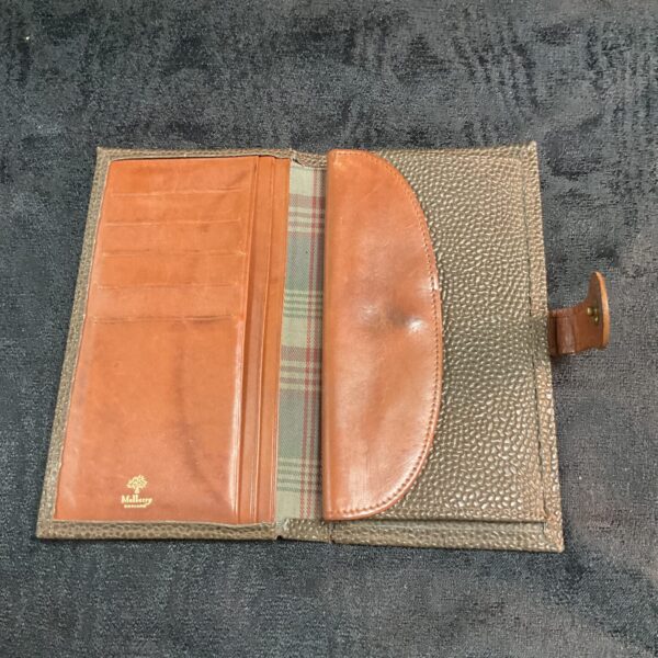 Vintage Mulberry leather wallet, brown bi-fold design, classic style.