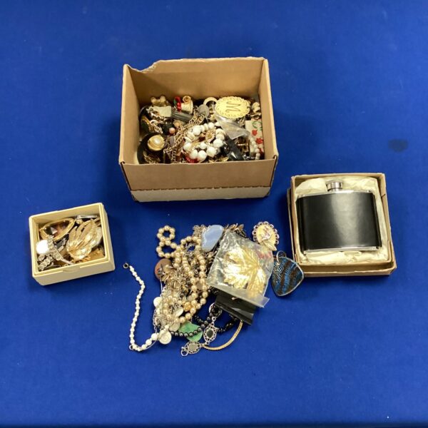 Vintage costume jewellery lot with trinket box and hip flask.