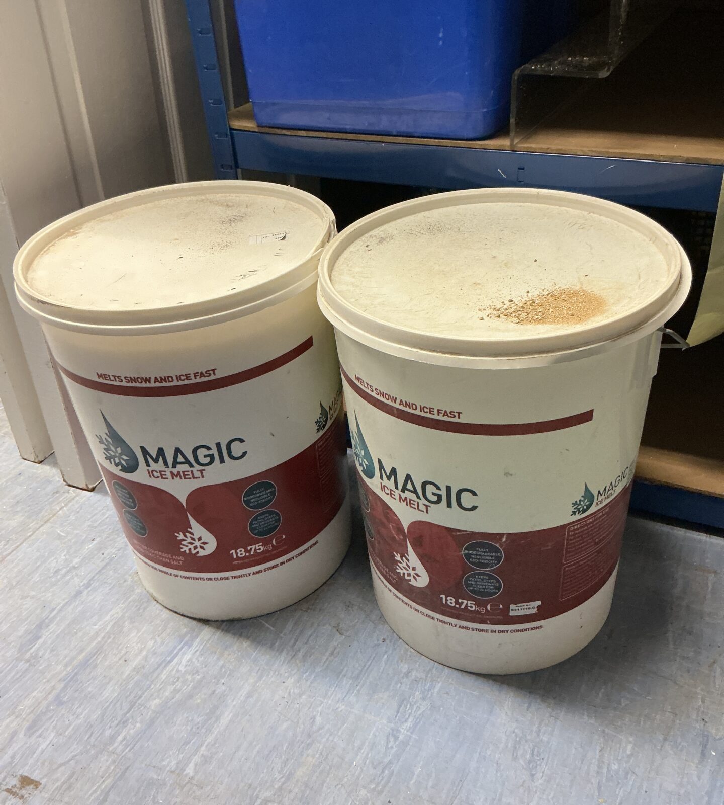 Two tubs of magic ice melt one full 1 half full