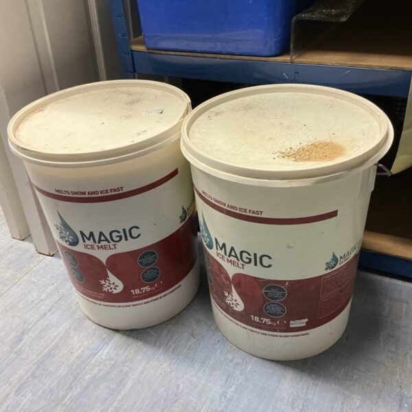 Two tubs of magic ice melt one full 1 half full