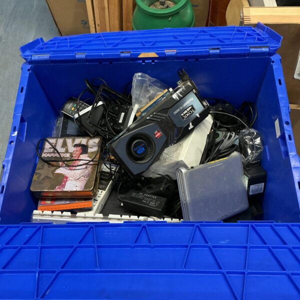 Mixed lot of computer cables and Radeon HD 6850 graphics card.