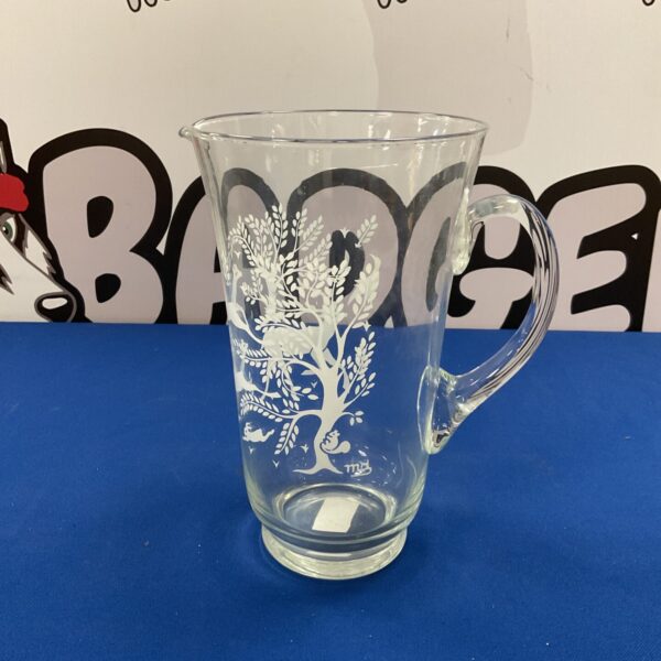Mid century 9” Serving glass pitcher decorated with woodland animals signed Md