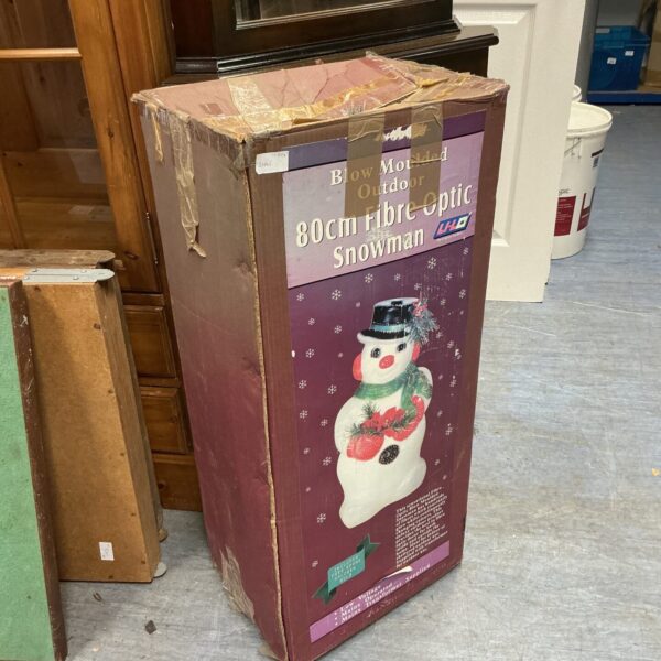 Large fibre optic snowman garden decoration with festive lights.