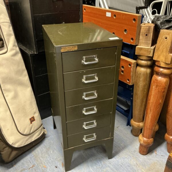 Vintage Reynolds metal filing drawers for office storage.