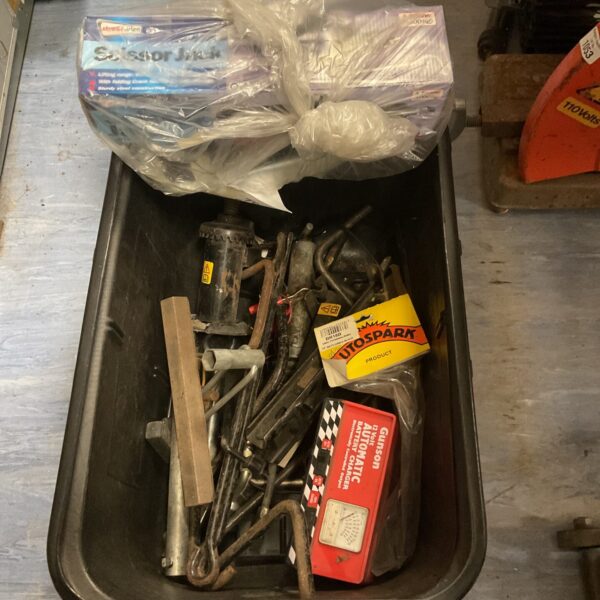Crate of car jacks Inc  scissor jacks and gunson automatic battery charger