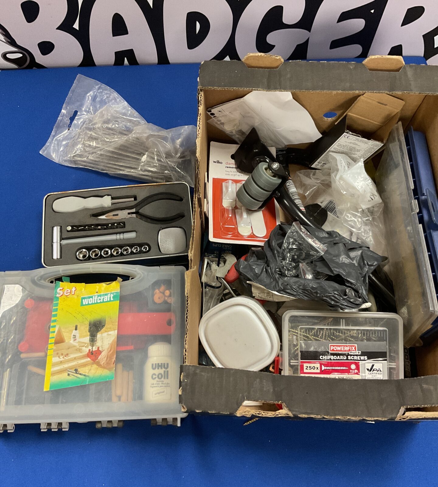 Tray of tools and parts Inc wolf drill set and small socket set