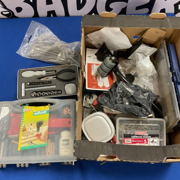 Tray of tools and parts Inc wolf drill set and small socket set