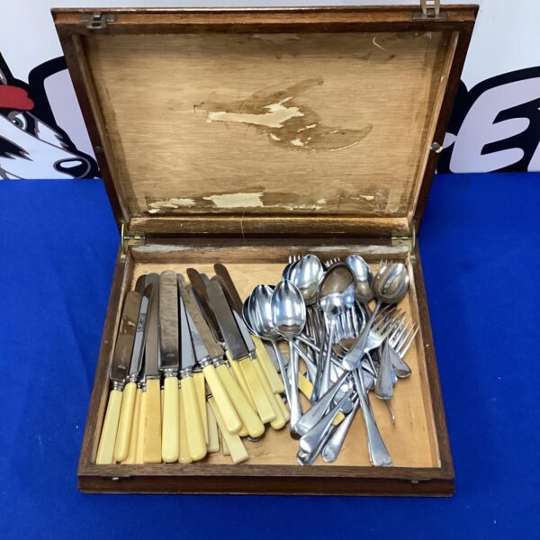 Vintage cutlery set with bone handles in original box.
