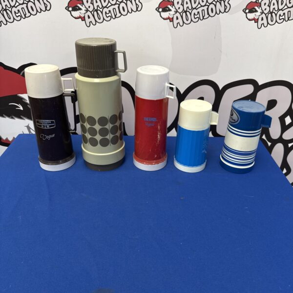 Lot of five vintage thermal flasks, including a Thermos.