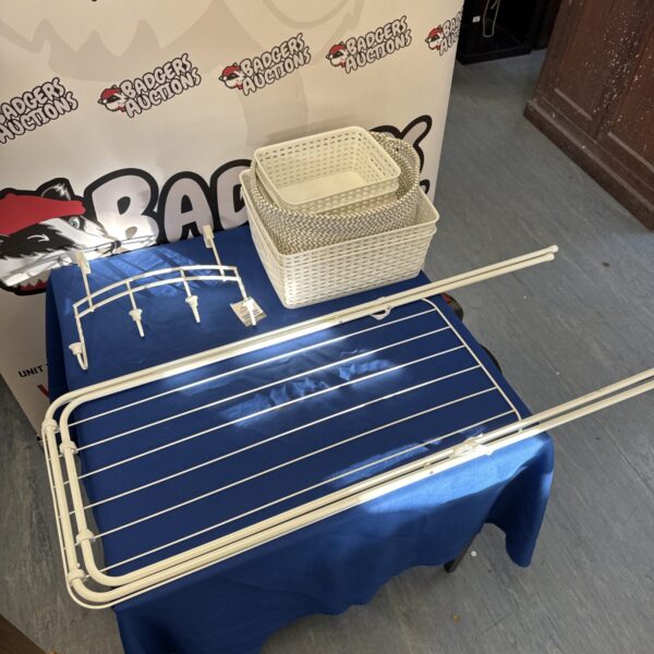 IKEA clothes airer bundle with storage baskets and hooks.